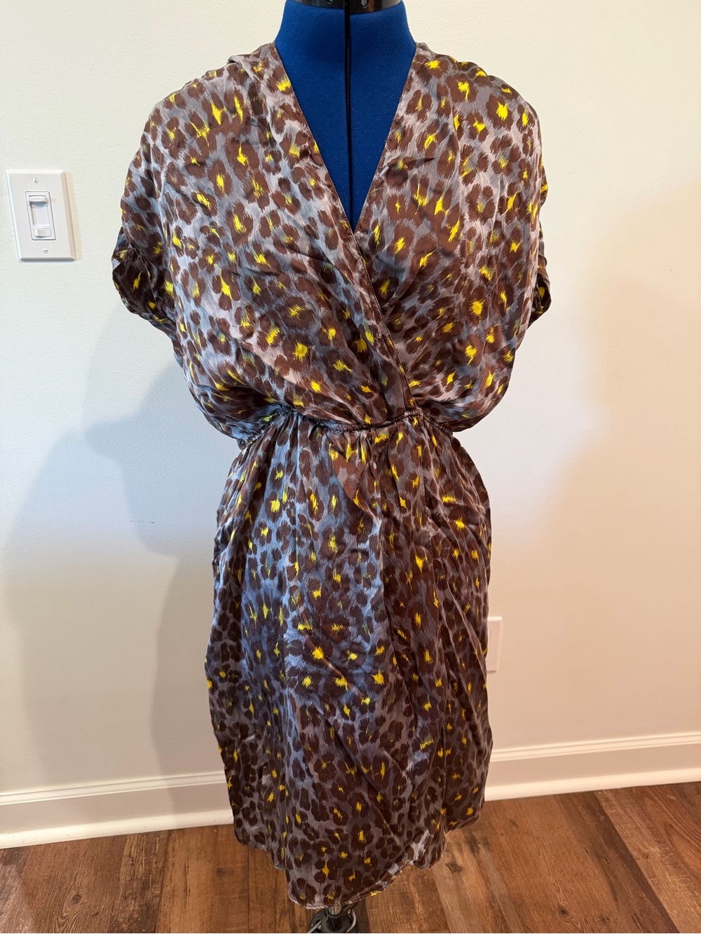 100% Silk Rory Beca Gray and Yellow Leopard Print Faux Wrap Dress